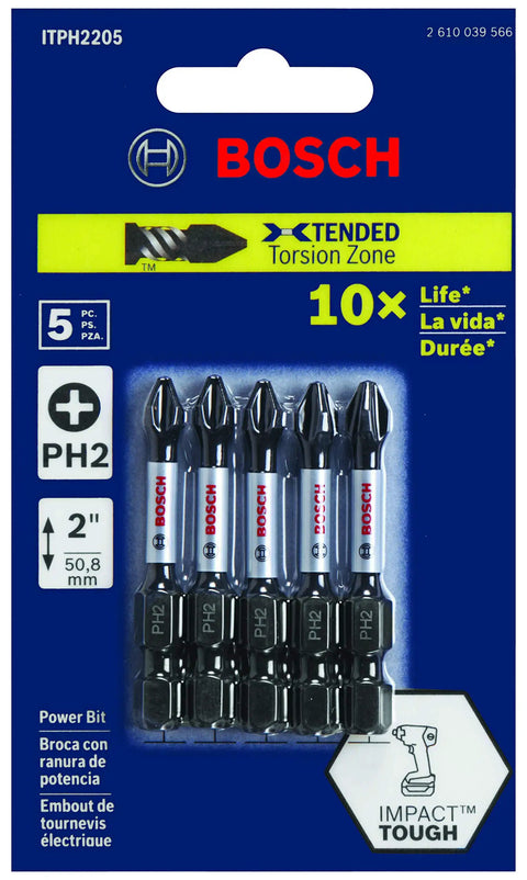 Impact Tough Phillips Number Two 2 Inch Power Bits 5 Pack Xtended Torsion Zone Hardened Core Precision Tips 10X Life Versus Standard Bits