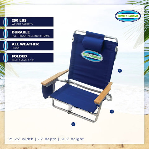 Lay Flat Five Position Backpack Beach Chair With Easy Adjustments And Kickback Mode, Durable Polyester In Navy, shown folded on beach