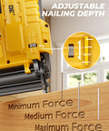 Tough 18 Gauge Cordless Brad Nailer And Stapler Pair with adjustable nailing depth feature, showing minimum to maximum force settings.