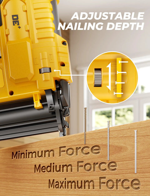 Tough 18 Gauge Cordless Brad Nailer And Stapler Pair with adjustable nailing depth feature, showing minimum to maximum force settings.