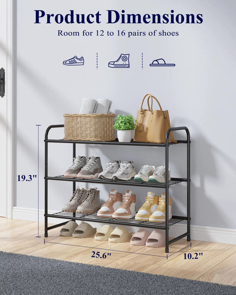 Heavy Duty Three Tier Shoe Rack Decked Out In Thick Matte Black Steel For Fast Entryway Refresh Holds Sneakers High Tops And Slippers Snug As A Bug No Sweat Tool Free Setup Keeps Closets And Hallways Neat So You Can Chill In Clean Spaces
