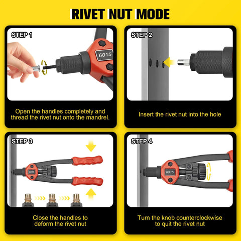 Instructions for using Dual Function Rivet Nut Gun And Blind Rivet Tool Kit For Quick, Durable Fastening in rivet nut mode