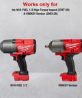 Two Milwaukee M18 FUEL High Torque Impact Wrenches, models 2767-20 and ONEKEY 2863-20, showcasing design compatibility
