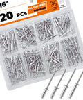 Heavy Duty Aluminum Dome Pop Rivet Assortment Kit With Hella Strong Steel Mandrels And Four Standard Sizes For Swift Hardware Jobs and Quality Project Repairs - 120 aluminum rivets displayed in a clear organizer.