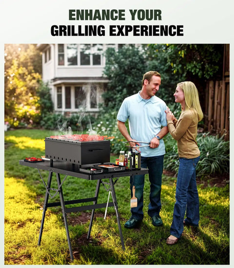 Foldable Grill Table With Mesh Desktop 200Lb Capacity 4 Foot Portable Outdoor Table For Camping Picnic BBQ Beach And RV Height Adjustable Metal Table set up in yard