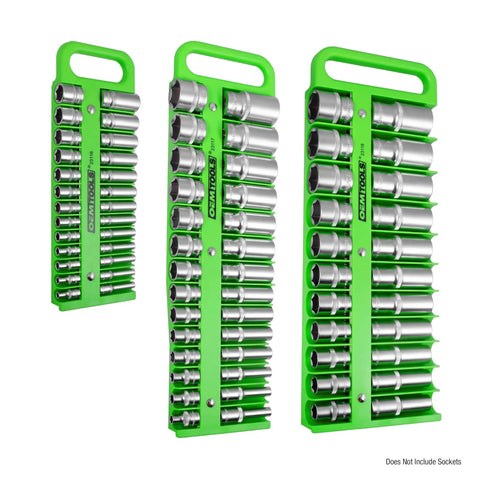 Three Pack Portable Magnetic Socket Organizer Tray For One Quarter Inch, Three Eighth Inch, And One Half Inch Drive Sockets, Holds Up To 76 Sockets, Magnetic, Rugged Green Tray For Toolbox, Garage, Or Shop.