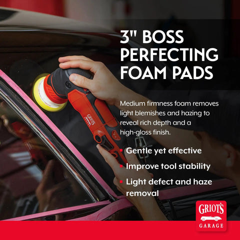 3 Inch Foam Polishing Pads for Car Detailing Buffin and Waxin Yellow Set of 3 in use on car panel with dual-action polisher