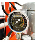 Pressure gauge display on Heavy Duty 150 Ton Industrial Electric Shop Press indicating hydraulic capacity.