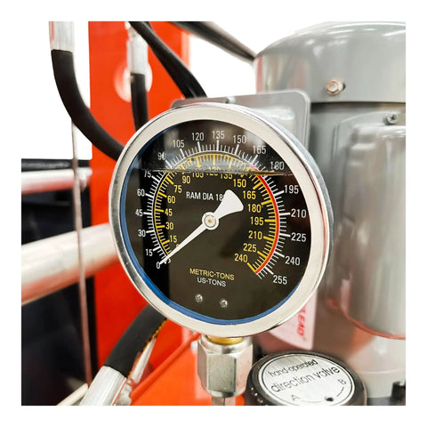 Pressure gauge display on Heavy Duty 150 Ton Industrial Electric Shop Press indicating hydraulic capacity.