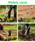 Person using 2 In 1 Weed Puller And Garden Hoe with adjustable long handle in garden for deep root removal and clearing weeds.