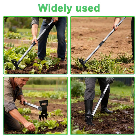 Person using 2 In 1 Weed Puller And Garden Hoe with adjustable long handle in garden for deep root removal and clearing weeds.