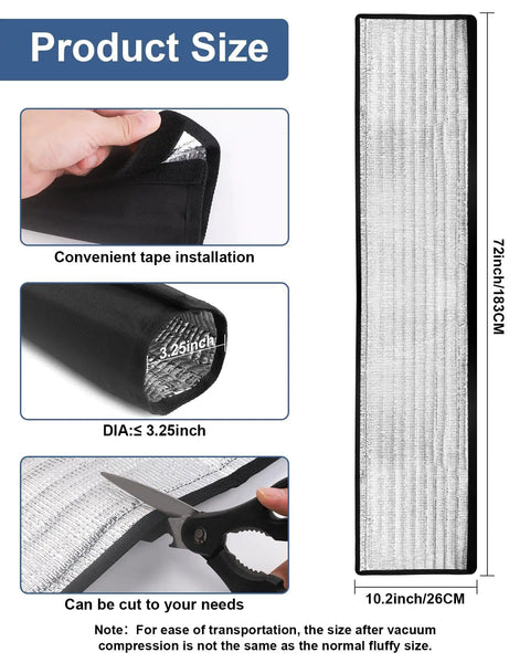 Weatherproof Copper Pipe Insulation Cover For Outdoor HVAC 72x10.2 Inch Beefy 600D Oxford Fabric showing size and installation.
