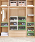 Large Capacity Shoe Storage Bin With Lids Stackable Plastic Organizer For Entryway Hallway Garage Space Saving Foldable Shoe Rack Keeps Kicks Tidy In White shown stacked in a closet