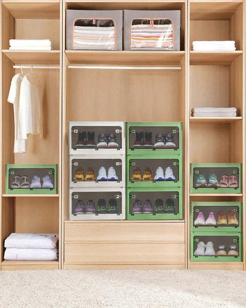 Large Capacity Shoe Storage Bin With Lids Stackable Plastic Organizer For Entryway Hallway Garage Space Saving Foldable Shoe Rack Keeps Kicks Tidy In White shown stacked in a closet
