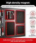 Flexible Magnetic Tool Mat Set For Mechanics And Garage Pros Non Slip Magnetic Tray Holds Screws Nuts Bolts And Small Metal Parts Large 12.8 By 9.64 Inches Heavy Duty Mats For Car Repair And DIY Projects. black magnetic tool board with red mats holding wrenches and pliers