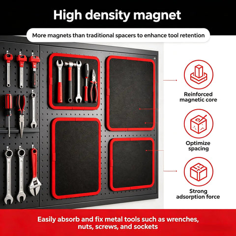 Flexible Magnetic Tool Mat Set For Mechanics And Garage Pros Non Slip Magnetic Tray Holds Screws Nuts Bolts And Small Metal Parts Large 12.8 By 9.64 Inches Heavy Duty Mats For Car Repair And DIY Projects. black magnetic tool board with red mats holding wrenches and pliers