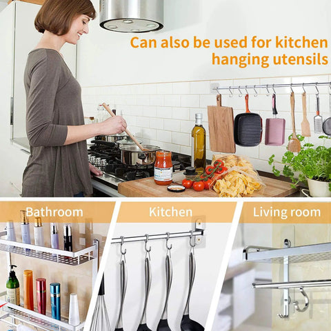 Zero Drama Wall Mount Self Adhesive Screw Set No Prep Stick On Heavy Duty Hooks in kitchen holding utensils and pots.