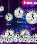 65 Pcs Mirror Disco Balls Set for Hanging Decor in Assorted Sizes 3cm 5cm 6cm 8cm Silver Party Ornaments displayed on stage