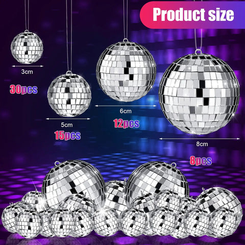 65 Pcs Mirror Disco Balls Set for Hanging Decor in Assorted Sizes 3cm 5cm 6cm 8cm Silver Party Ornaments displayed on stage