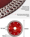 Close-up of 4.5 Inch Super Thin Diamond Porcelain Saw Blade For Ceramic Tiles 2 Pack Wet Or Dry Cutting with Turbo Mesh Rim