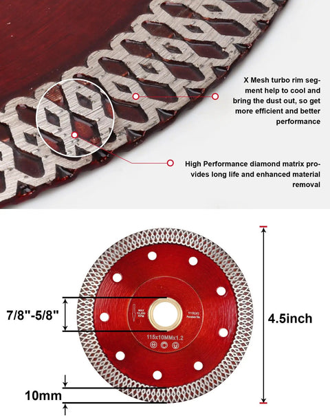 Close-up of 4.5 Inch Super Thin Diamond Porcelain Saw Blade For Ceramic Tiles 2 Pack Wet Or Dry Cutting with Turbo Mesh Rim