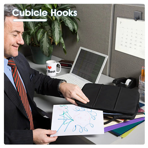 Office with Four Pack Fabric Wall Cubicle Hooks Heavy Duty Stainless Steel Mounts for Fabric Panels holding a calendar