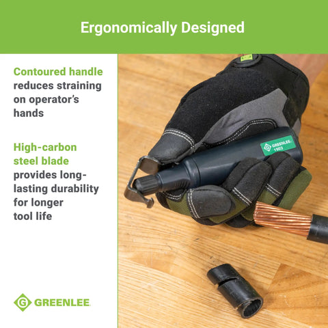 Ergonomically designed pocket cable stripping tool with high carbon steel blade, 7 inch, used by lineman for cable cutting.