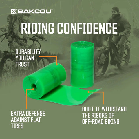 Puncture Proof Fat Tire Liners, Set of 2, green rolled liners for flat tire protection on bikes, shown on textured background.
