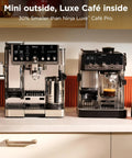 Home Barista Luxe Café Mini Espresso Machine With Built-In Burr Grinder And Drip Coffee alongside similar model on countertop.