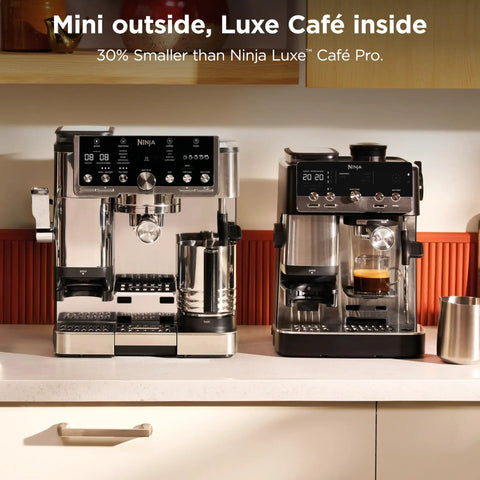 Home Barista Luxe Café Mini Espresso Machine With Built-In Burr Grinder And Drip Coffee alongside similar model on countertop.