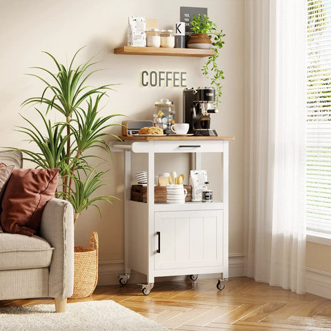 Slick Rolling Microwave Cart With Boss Level Storage Built Onto A Rock Solid Rubberwood Base, Crisp White Kitchen Island Station with coffee setup.