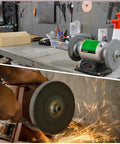 Two Pack Six Inch By One Inch 180 Grit Nylon Fiber Polishing Wheels With Five Eighth Inch Arbor on a bench grinder, sparks flying.