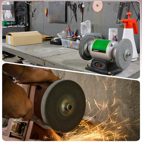 Two Pack Six Inch By One Inch 180 Grit Nylon Fiber Polishing Wheels With Five Eighth Inch Arbor on a bench grinder, sparks flying.