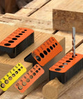 Dead On Portable Drill Bit Guide Metric Hole Template For Woodworking Jobsite Pro Grade Reusable Plastic Alignment Jig in use.