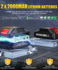 Smooth Shooting 21V Cordless 3-In-1 Brad Nailer And Staple Gun Bundle with two 2000mAh lithium batteries showing charging details.