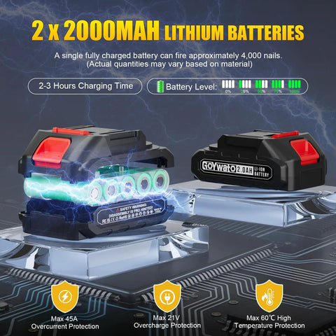 Smooth Shooting 21V Cordless 3-In-1 Brad Nailer And Staple Gun Bundle with two 2000mAh lithium batteries showing charging details.