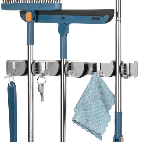 Aluminum Wall Mount Storage Rack With Four Hooks Built To Last Lightweight Durable Ideal Broom And Mop Holder For Small Spaces Space Saver Home Office Clutter Solution holding cleaning tools and keys.