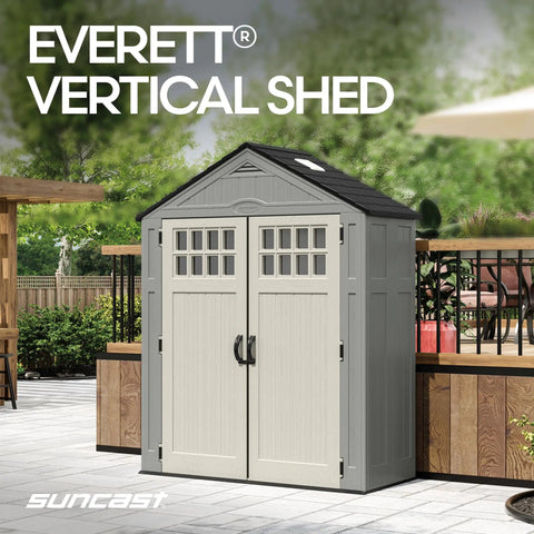 Everett 6x3 Ft Vertical Storage Shed With Lockable Double Doors, Windows, Skylight, Weatherproof Resin, Garden Setting