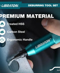 LIBRATON Deburring Tool with teal handle and metal blade on edge of metal workpiece