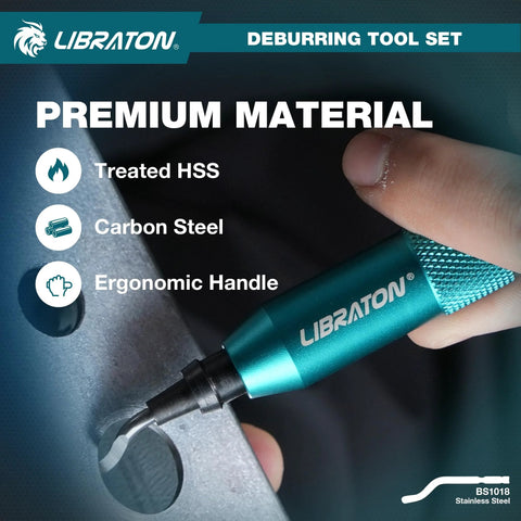 LIBRATON Deburring Tool with teal handle and metal blade on edge of metal workpiece