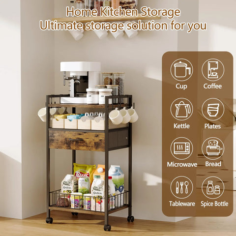 Compact Coffee Bar Cart With Secure Drawer And Hanging Mug Rack Real Cool Three Tier Station perfect for kitchen storage.