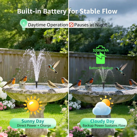 Go To Solar Fountain Pump With Battery Backup For Bird Bath And Garden, 8.5W Solar Panel, 3200mAh Built In Battery, spraying water