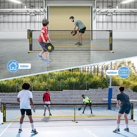 Portable Pickleball Net For Driveway 22 Foot Regulation Size Or 11 Foot Half Court Size With Ball Collector 2 In 1 Net With Carry Bag shown
