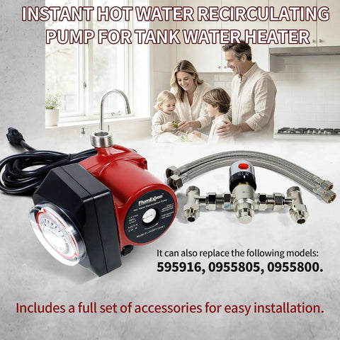 Instant Hot Water Recirculating Pump Kit For Tank Heaters Featuring Integrated Timer, red pump with accessories for hot water.