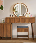 Wave Vanity Desk With Lighted Round Mirror And Modern Walnut Finish, Makeup Table With Drawer And Cabinet Storage, Bench Seat