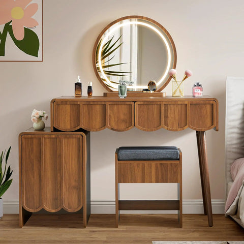 Wave Vanity Desk With Lighted Round Mirror And Modern Walnut Finish, Makeup Table With Drawer And Cabinet Storage, Bench Seat