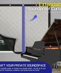 Extendable Soundproof Curtain in a room with a piano, thick acoustic material for blocking noise, perfect for private soundspaces.