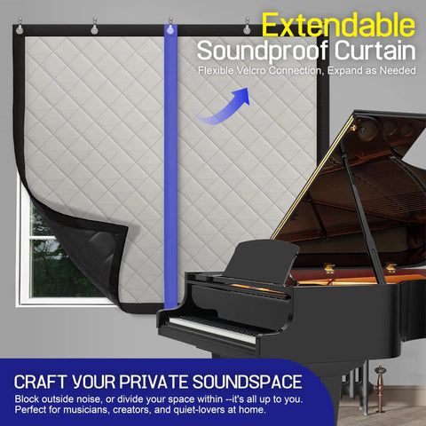 Extendable Soundproof Curtain in a room with a piano, thick acoustic material for blocking noise, perfect for private soundspaces.