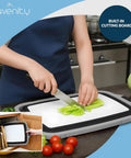Person using 8L Collapsible BBQ Prep Tub With Locking Lid Multifunction Camping Cutting Board And Meat Storage Dish Basin Ideal For Grilling Outdoor Cooking Meal Prep On The Go Space Saving Kitchen Organizer.