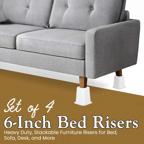 No Sweat Heavy Duty 6 Inch Bed Risers Set Of 4 White Stackable Furniture Boosters for sofa with wooden legs.